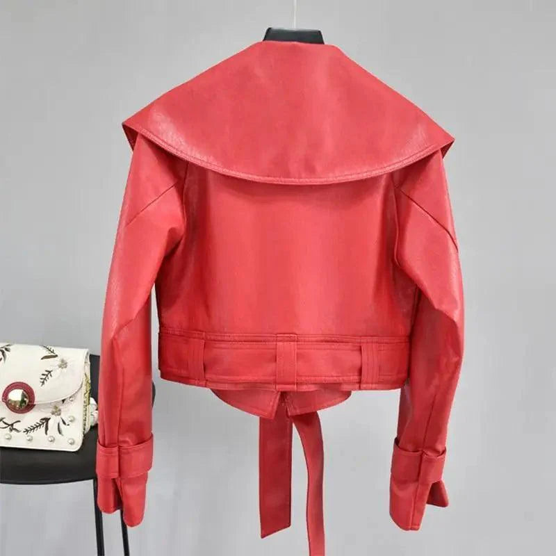 Nouvelle Élégance Automne Blousons Femme en Cuir PU Manteau Court Col Rabattu Ceinture Laçage Moto Noir Punk Rouge Pardessus Vêtement d'Extérieur Femme