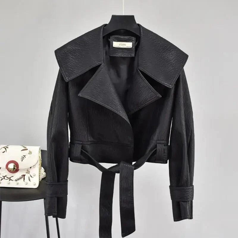Nouvelle Élégance Automne Blousons Femme en Cuir PU Manteau Court Col Rabattu Ceinture Laçage Moto Noir Punk Rouge Pardessus Vêtement d'Extérieur Femme