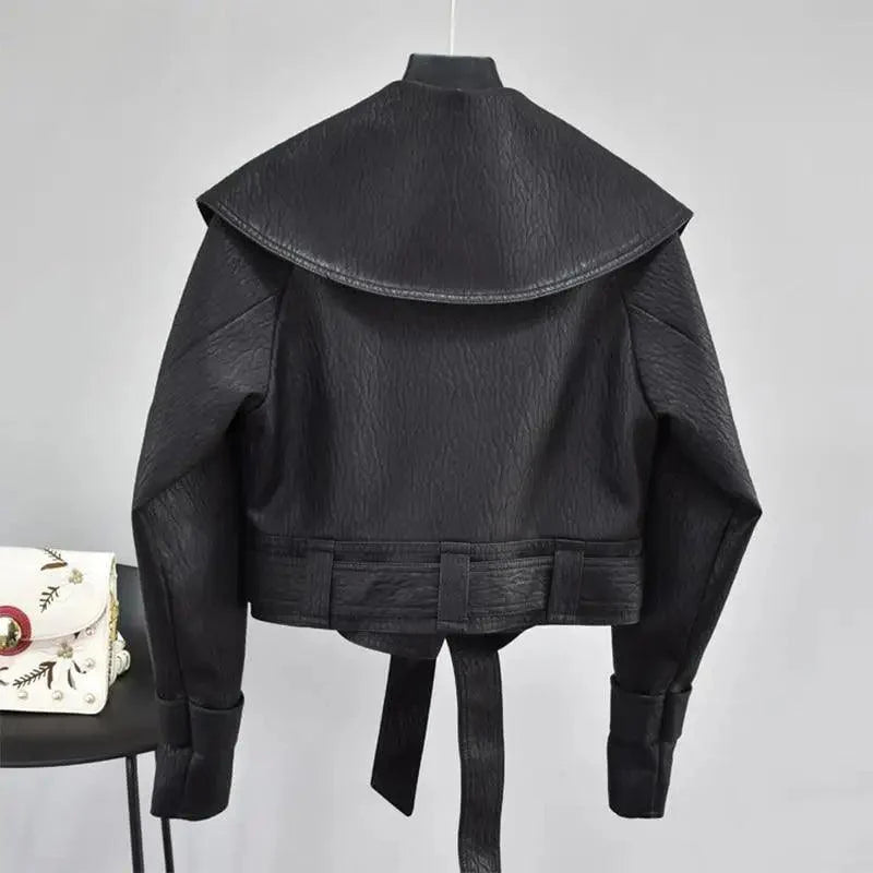 Nouvelle Élégance Automne Blousons Femme en Cuir PU Manteau Court Col Rabattu Ceinture Laçage Moto Noir Punk Rouge Pardessus Vêtement d'Extérieur Femme