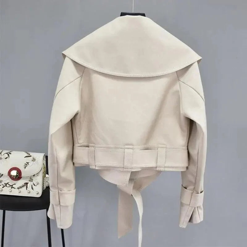 Nouvelle Élégance Automne Blousons Femme en Cuir PU Manteau Court Col Rabattu Ceinture Laçage Moto Noir Punk Rouge Pardessus Vêtement d'Extérieur Femme