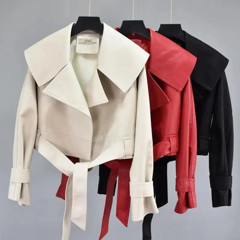 Nouvelle Élégance Automne Blousons Femme en Cuir PU Manteau Court Col Rabattu Ceinture Laçage Moto Noir Punk Rouge Pardessus Vêtement d'Extérieur Femme