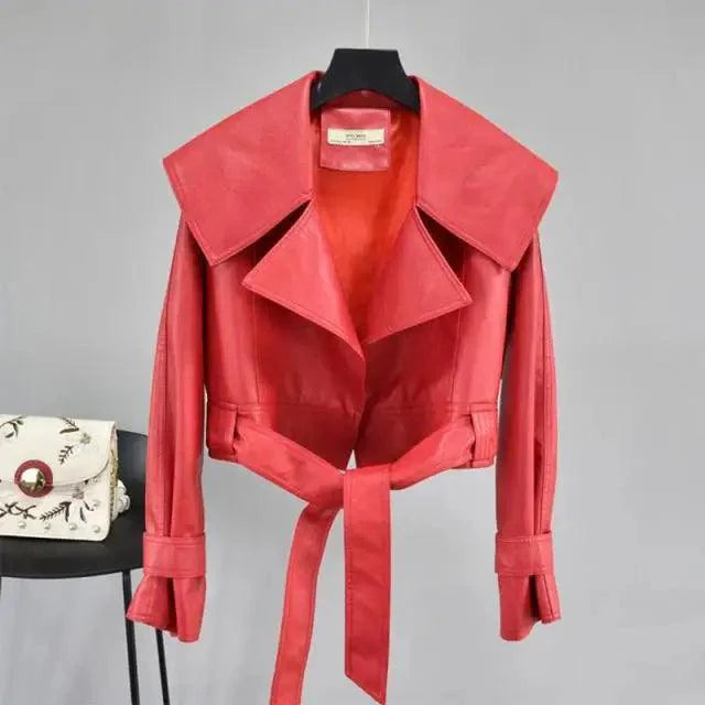 Nouvelle Élégance Automne Blousons Femme en Cuir PU Manteau Court Col Rabattu Ceinture Laçage Moto Noir Punk Rouge Pardessus Vêtement d'Extérieur Femme