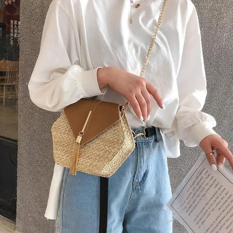 Nouveau sac à main en paille et cuir multi-styles pour femmes et filles - Nouveau sac d'été tendance tissé à la main, sac de plage rond à bandoulière