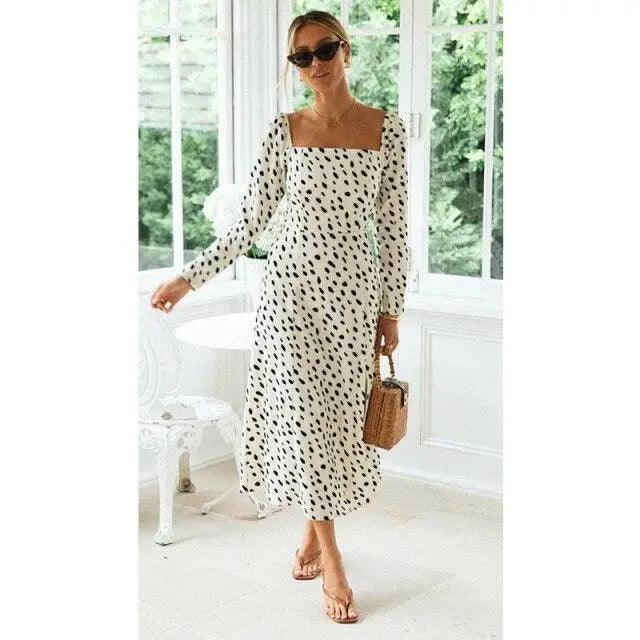 Nouvelle robe longue de luxe à manches longues fendue avec imprimé léopard à pois - Robes d'été décontractées pour femmes