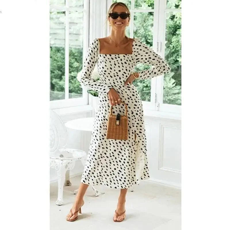 Nouvelle robe longue de luxe à manches longues fendue avec imprimé léopard à pois - Robes d'été décontractées pour femmes