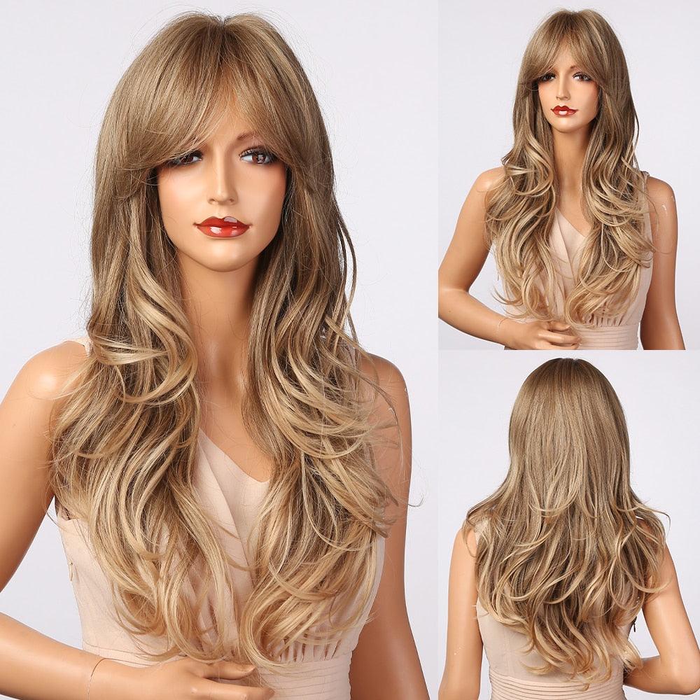 Nouvelles perruques longues ondulées dégradées marron avec frange, perruques synthétiques naturelles pour femmes, perruques résistantes à la chaleur pour femmes noires, perruques de cosplay.