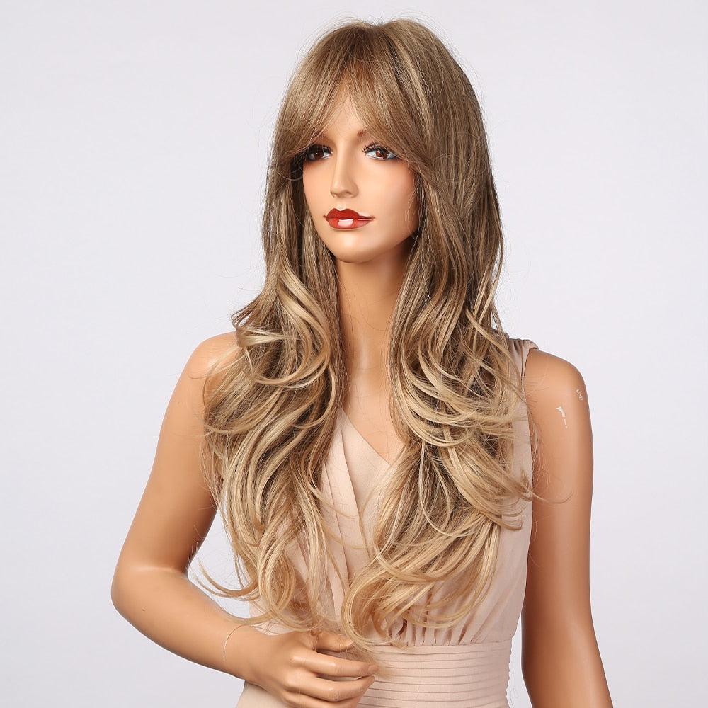 Nouvelles perruques longues ondulées dégradées marron avec frange, perruques synthétiques naturelles pour femmes, perruques résistantes à la chaleur pour femmes noires, perruques de cosplay.