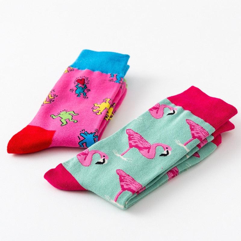Nouvelle mode en pur coton doux, motif animaux de dessin animé, chaussettes décontractées, flamant rose cœur amoureux, chaussettes courtes et mignonnes pour femmes et hommes