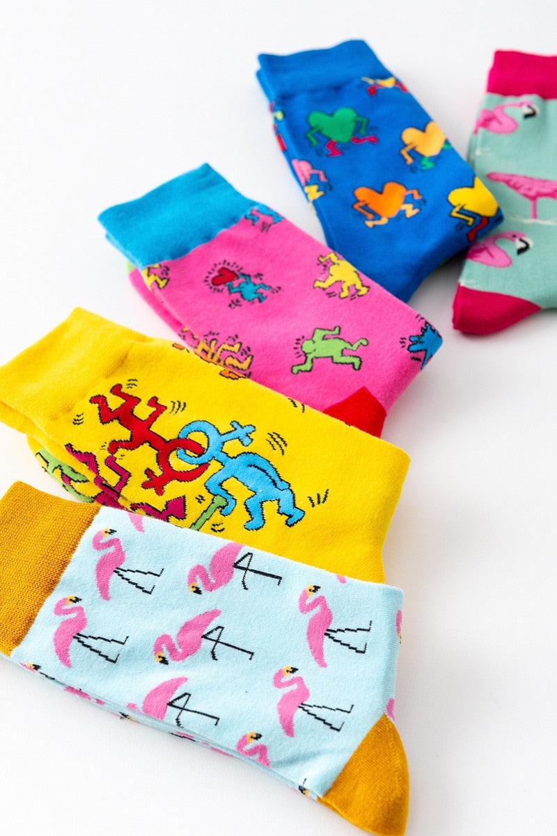 Nouvelle mode en pur coton doux, motif animaux de dessin animé, chaussettes décontractées, flamant rose cœur amoureux, chaussettes courtes et mignonnes pour femmes et hommes