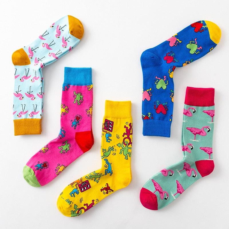 Nouvelle mode en pur coton doux, motif animaux de dessin animé, chaussettes décontractées, flamant rose cœur amoureux, chaussettes courtes et mignonnes pour femmes et hommes