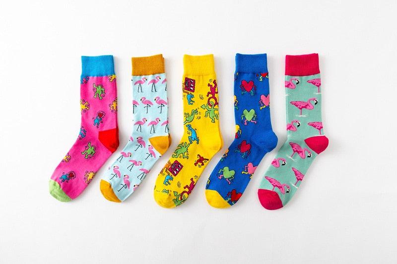 Nouvelle mode en pur coton doux, motif animaux de dessin animé, chaussettes décontractées, flamant rose cœur amoureux, chaussettes courtes et mignonnes pour femmes et hommes