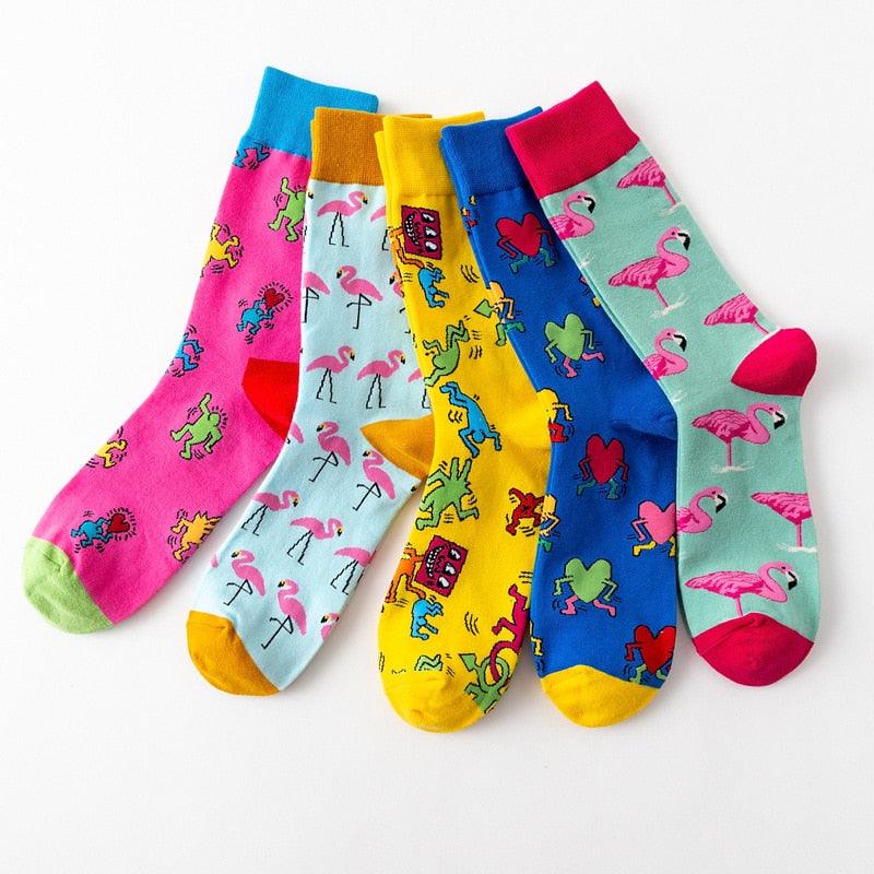 Nouvelle mode en pur coton doux, motif animaux de dessin animé, chaussettes décontractées, flamant rose cœur amoureux, chaussettes courtes et mignonnes pour femmes et hommes