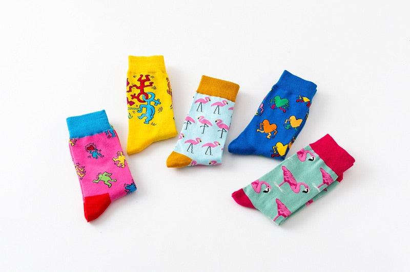 Nouvelle mode en pur coton doux, motif animaux de dessin animé, chaussettes décontractées, flamant rose cœur amoureux, chaussettes courtes et mignonnes pour femmes et hommes