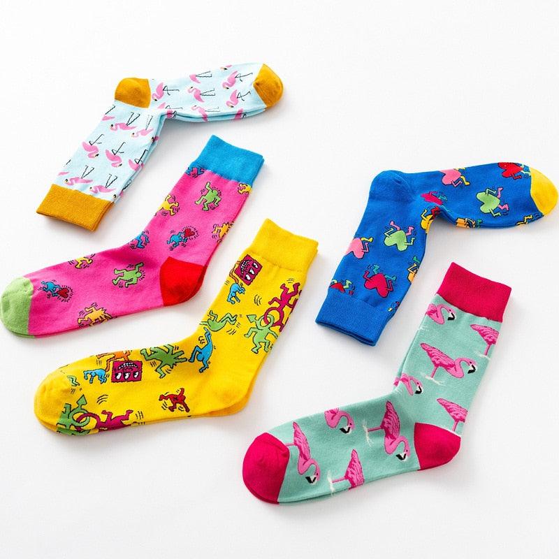 Nouvelle mode en pur coton doux, motif animaux de dessin animé, chaussettes décontractées, flamant rose cœur amoureux, chaussettes courtes et mignonnes pour femmes et hommes