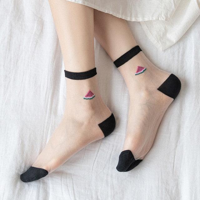 Nouvelles chaussettes jacquard transparentes Kawaii avec motifs de fruits de dessin animé pour jeunes femmes, filles, été, automne : avocat, citron, ananas, cerise