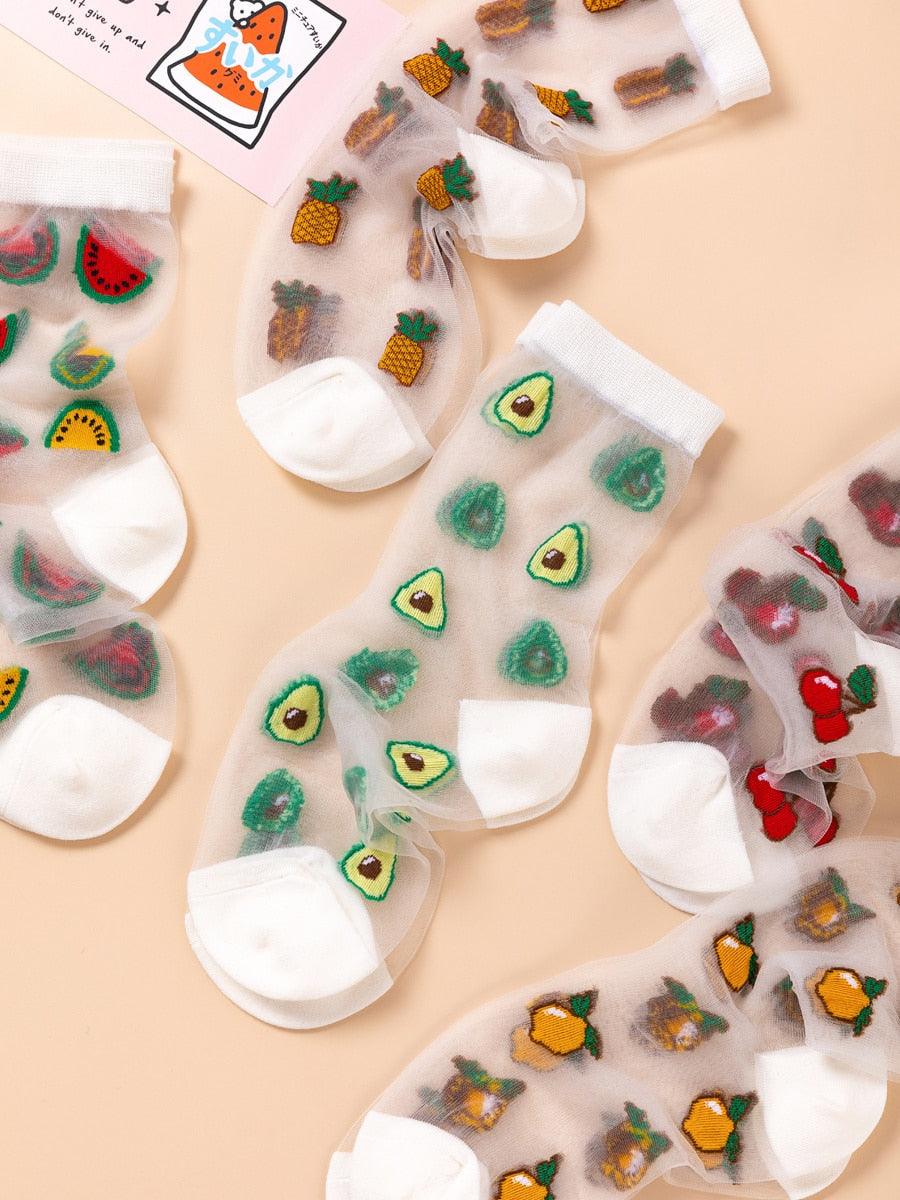 Nouvelles chaussettes jacquard transparentes Kawaii avec motifs de fruits de dessin animé pour jeunes femmes, filles, été, automne : avocat, citron, ananas, cerise