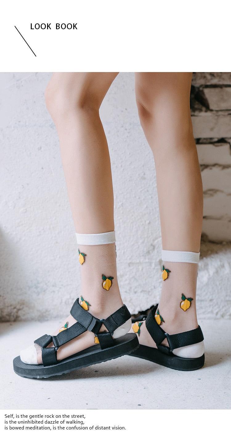 Nouvelles chaussettes jacquard transparentes Kawaii avec motifs de fruits de dessin animé pour jeunes femmes, filles, été, automne : avocat, citron, ananas, cerise
