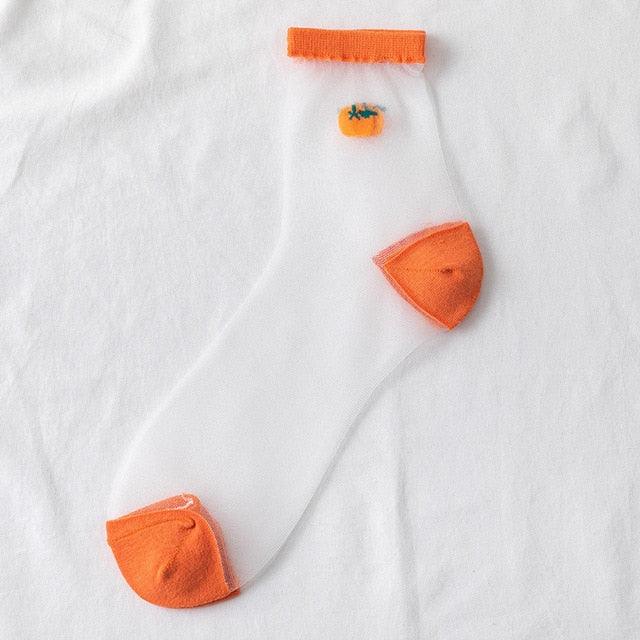 Nouvelles chaussettes jacquard transparentes Kawaii avec motifs de fruits de dessin animé pour jeunes femmes, filles, été, automne : avocat, citron, ananas, cerise