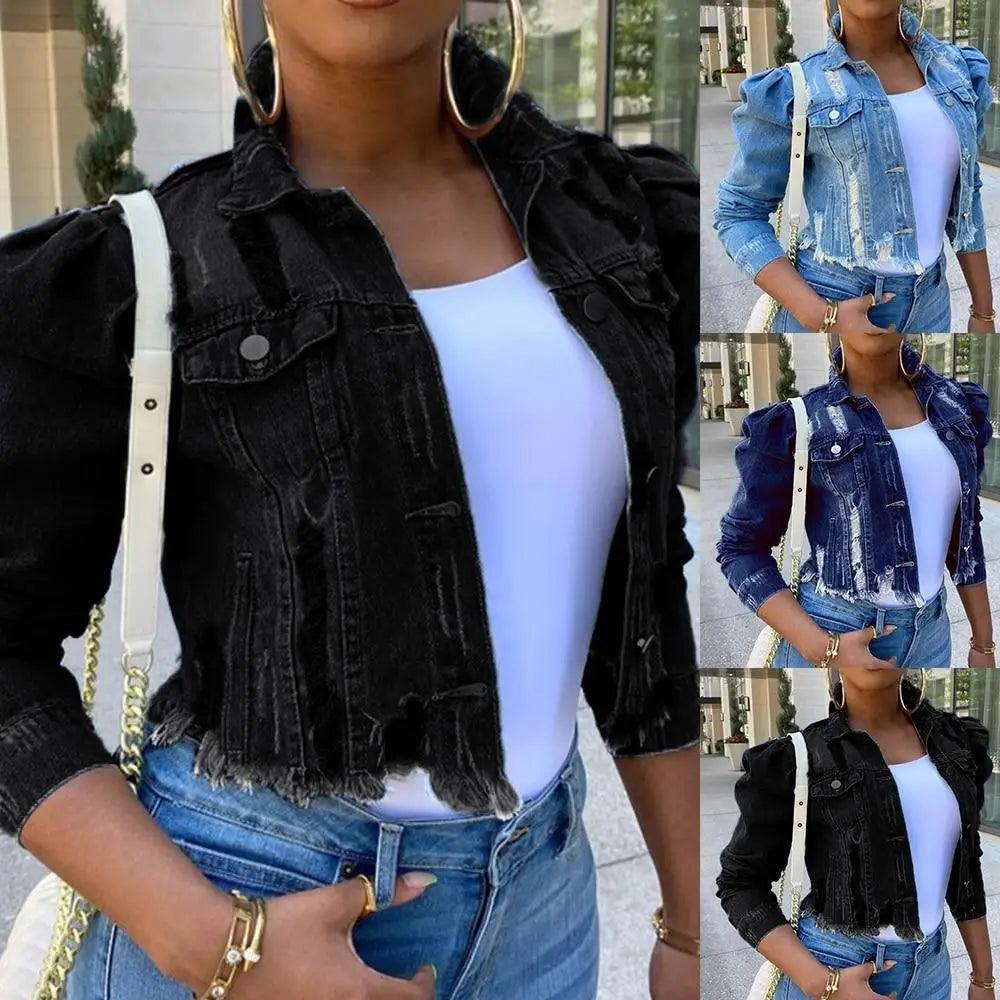 Nouvelles incroyables vestes en jean déchirées pour femmes, sexy, printemps, vintage, décontractées, courtes, à manches bouffantes, manteau d'hiver, streetwear