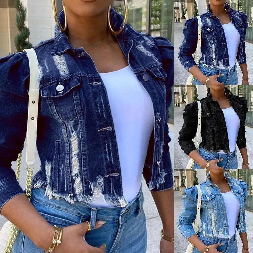 Nouvelles incroyables vestes en jean déchirées pour femmes, sexy, printemps, vintage, décontractées, courtes, à manches bouffantes, manteau d'hiver, streetwear