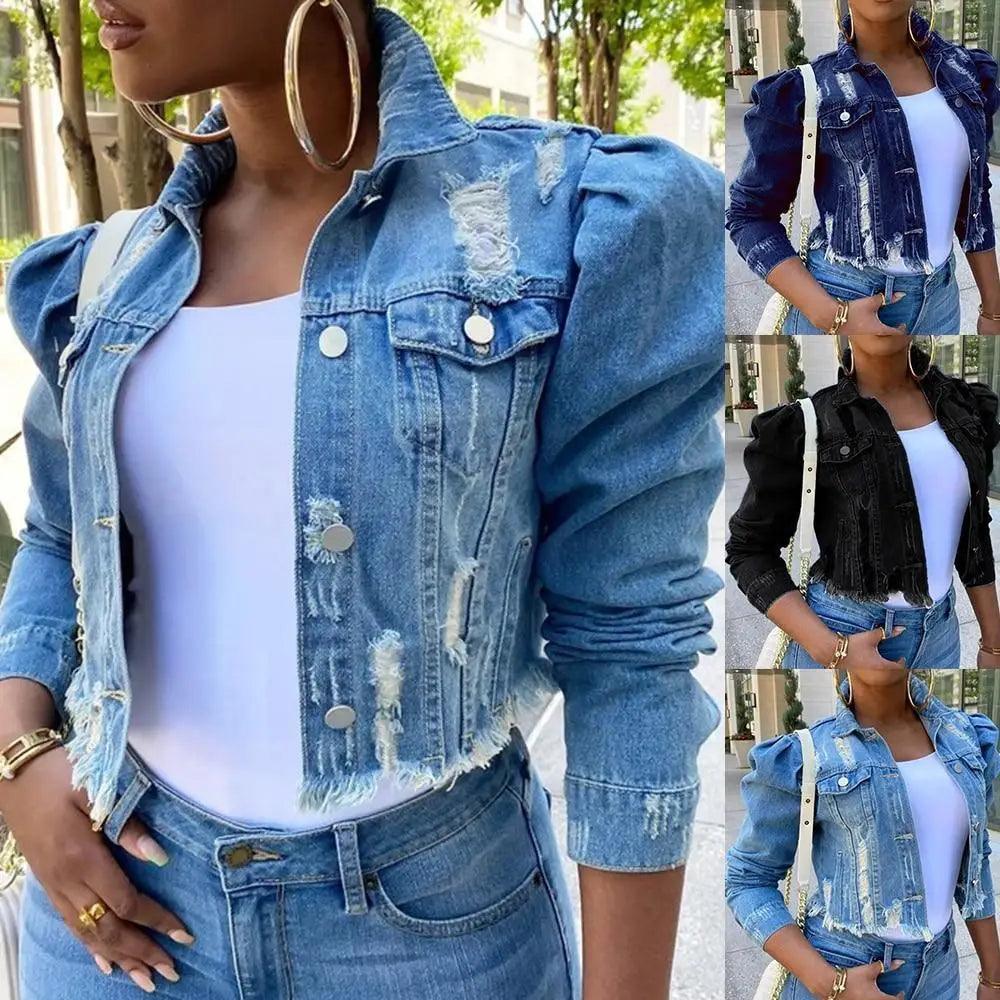 Nouvelles incroyables vestes en jean déchirées pour femmes, sexy, printemps, vintage, décontractées, courtes, à manches bouffantes, manteau d'hiver, streetwear