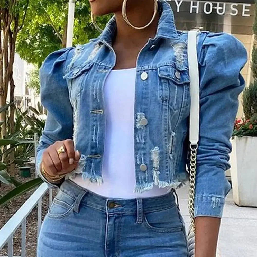 Nouvelles incroyables vestes en jean déchirées pour femmes, sexy, printemps, vintage, décontractées, courtes, à manches bouffantes, manteau d'hiver, streetwear