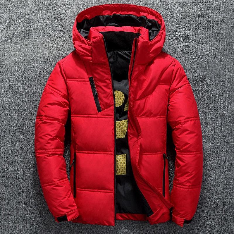 Nouvelle veste rouge moderne à capuche pour homme, chaude et unie, doudoune élégante pour homme, manteau d'hiver d'extérieur confortable.