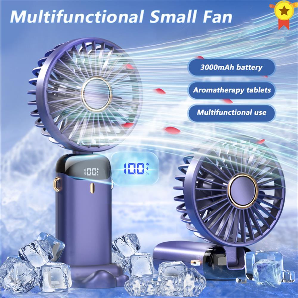 Nouveau ventilateur portable numérique de poche, ventilateur de bureau multifonctionnel pliable avec tête, petit ventilateur électrique pliable avec affichage numérique LED 5 vitesses, ventilateur multifonctionnel pour l'extérieur et l'intérieur