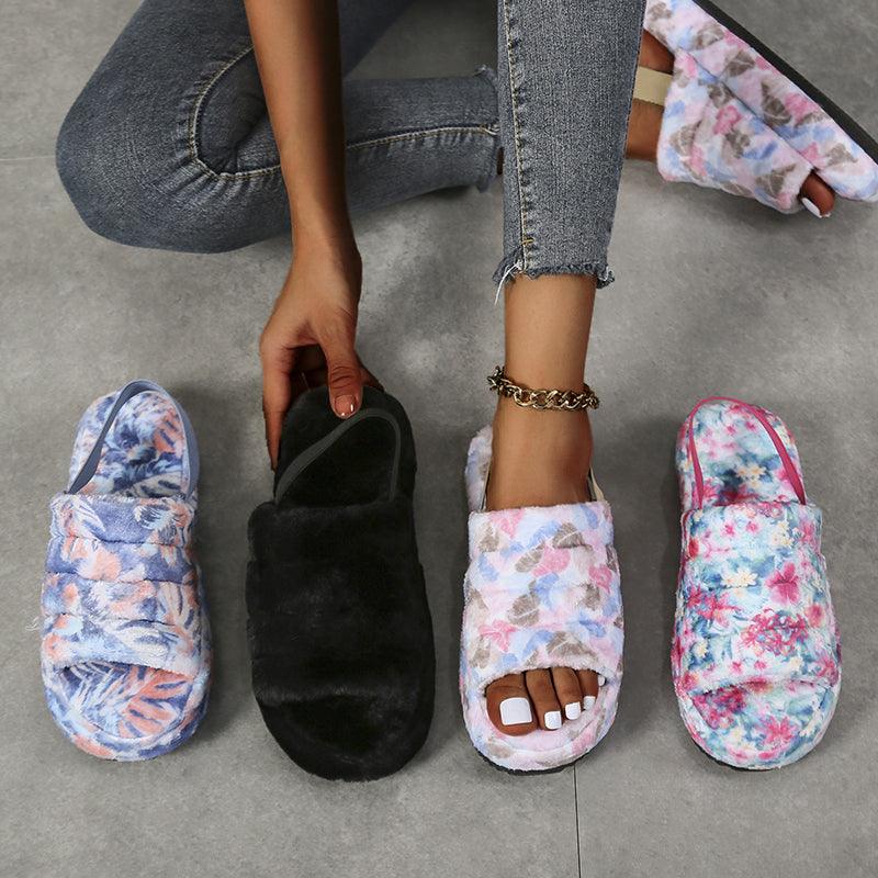 Nouvelles pantoufles plates peu profondes chaudes pour femmes décontractées d'hiver courtes en peluche maison coton mode robe tongs à bout ouvert pantoufles de diapositive confortables en mousse à mémoire de forme pour la maison