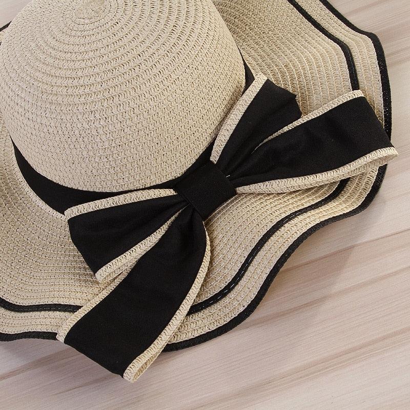 Nouveau chapeau de plage d'été pour femme, large bord, design unique de nœud de luxe, chapeau de soleil décontracté, chapeau plat classique en paille pour femme, chapeau Fedora, cadeau idéal 54-58cm