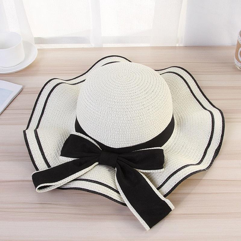 Nouveau chapeau de plage d'été pour femme, large bord, design unique de nœud de luxe, chapeau de soleil décontracté, chapeau plat classique en paille pour femme, chapeau Fedora, cadeau idéal 54-58cm