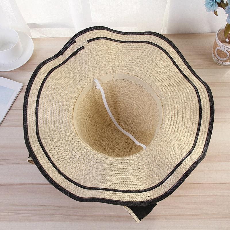 Nouveau chapeau de plage d'été pour femme, large bord, design unique de nœud de luxe, chapeau de soleil décontracté, chapeau plat classique en paille pour femme, chapeau Fedora, cadeau idéal 54-58cm