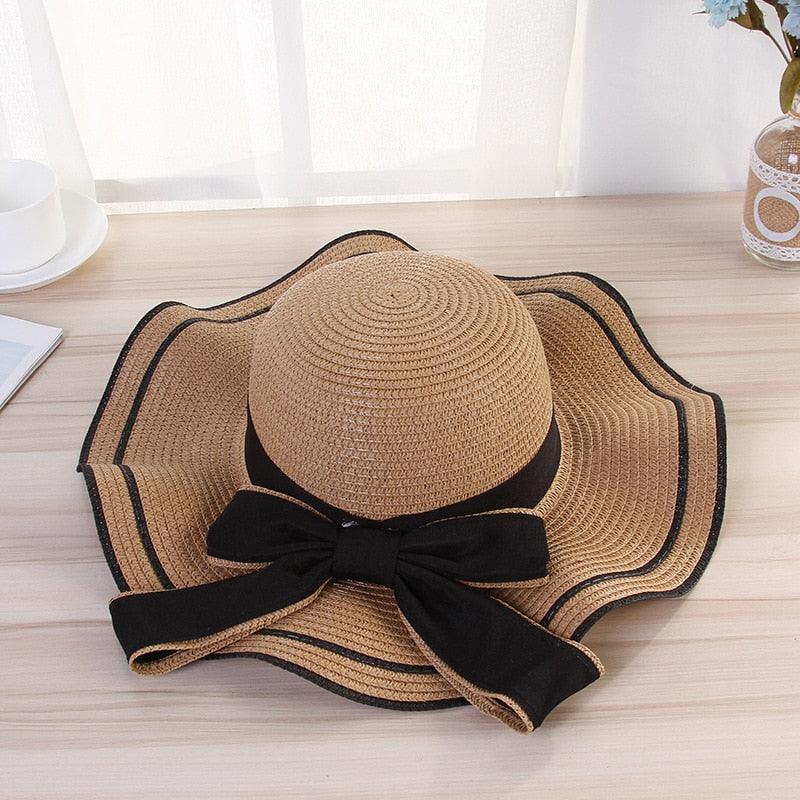 Nouveau chapeau de plage d'été pour femme, large bord, design unique de nœud de luxe, chapeau de soleil décontracté, chapeau plat classique en paille pour femme, chapeau Fedora, cadeau idéal 54-58cm