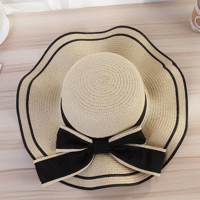 Nouveau chapeau de plage d'été pour femme, large bord, design unique de nœud de luxe, chapeau de soleil décontracté, chapeau plat classique en paille pour femme, chapeau Fedora, cadeau idéal 54-58cm