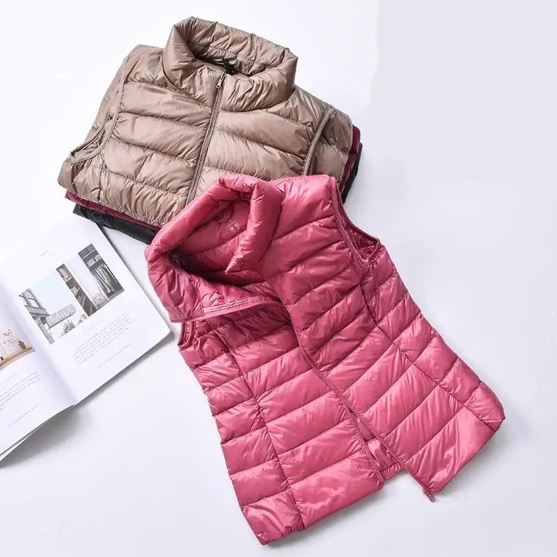 Nouveau gilet d'hiver tendance en duvet de canard ultra léger pour femme, col montant, sans manches, pour fille