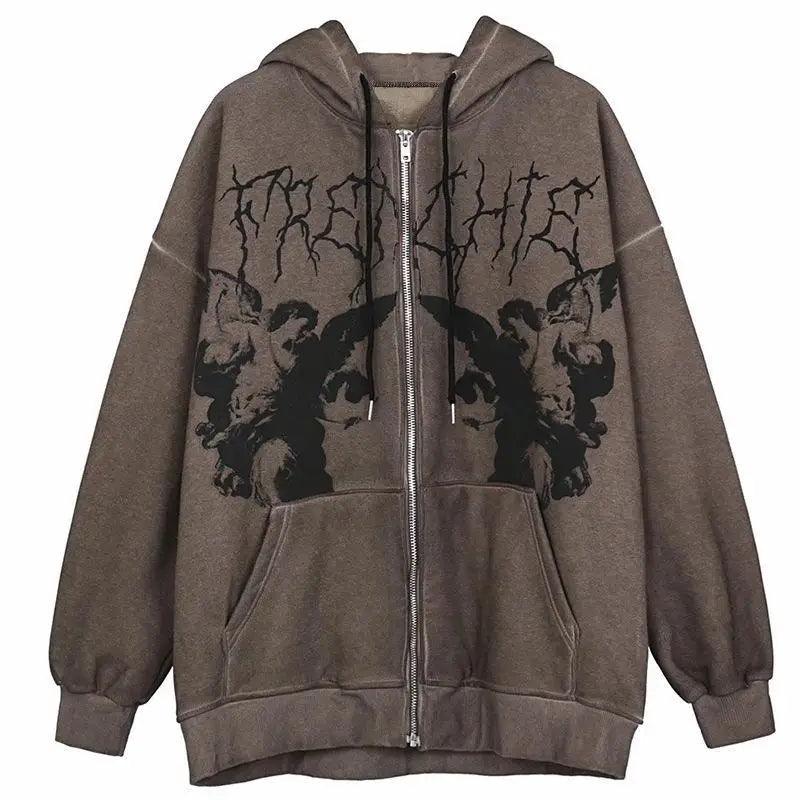 Nouveau Sweat à Capuche Tendance Vintage Hip Hop Streetwear Femme Angel Dark Impression Fermeture Éclair Veste Manteau Haut à Capuche Vêtements Hommes Femmes Punk Vêtement d'extérieur