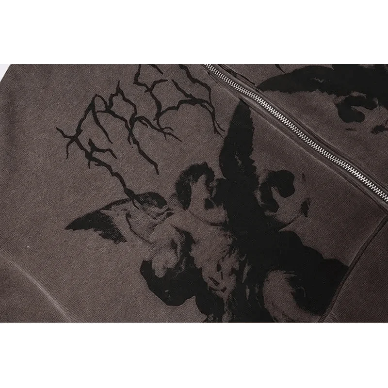 Nouveau Sweat à Capuche Tendance Vintage Hip Hop Streetwear Femme Angel Dark Impression Fermeture Éclair Veste Manteau Haut à Capuche Vêtements Hommes Femmes Punk Vêtement d'extérieur