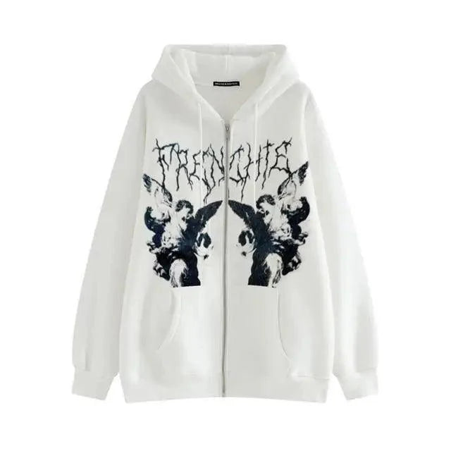 Nouveau Sweat à Capuche Tendance Vintage Hip Hop Streetwear Femme Angel Dark Impression Fermeture Éclair Veste Manteau Haut à Capuche Vêtements Hommes Femmes Punk Vêtement d'extérieur