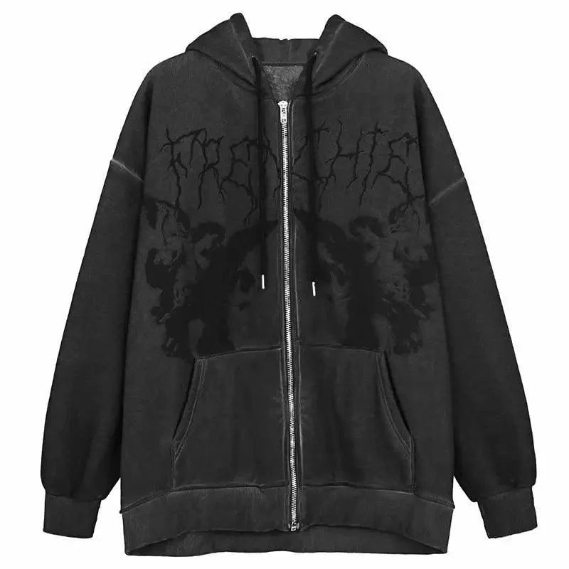Nouveau Sweat à Capuche Tendance Vintage Hip Hop Streetwear Femme Angel Dark Impression Fermeture Éclair Veste Manteau Haut à Capuche Vêtements Hommes Femmes Punk Vêtement d'extérieur