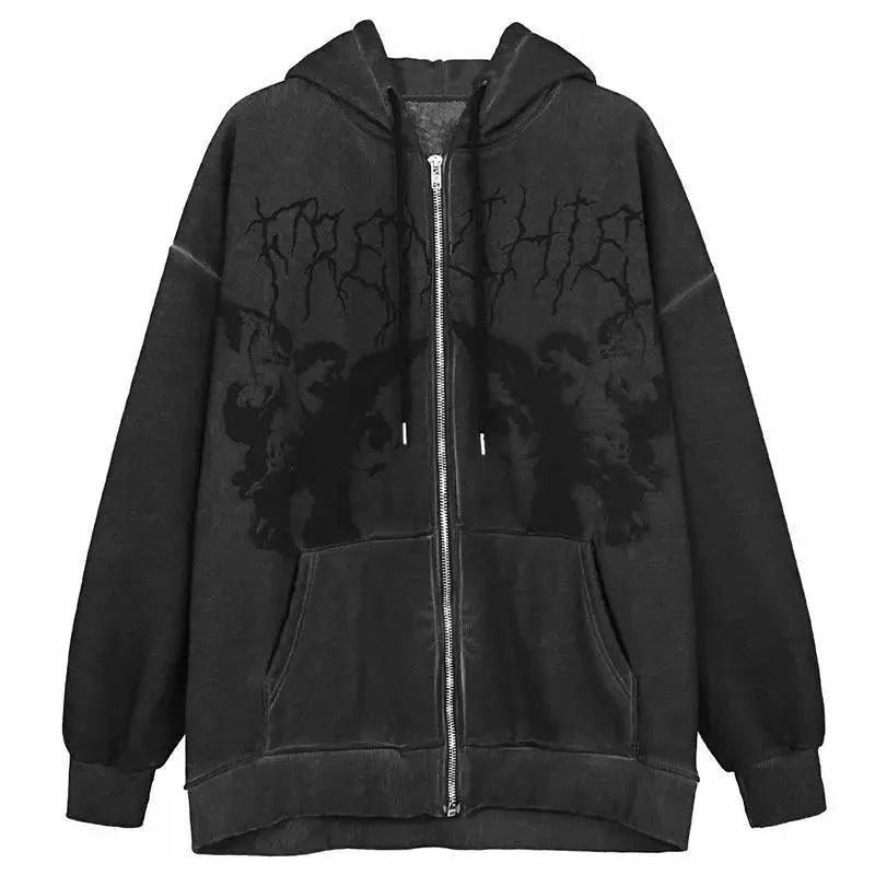 Nouveau Sweat à Capuche Tendance Vintage Hip Hop Streetwear Femme Angel Dark Impression Fermeture Éclair Veste Manteau Haut à Capuche Vêtements Hommes Femmes Punk Vêtement d'extérieur