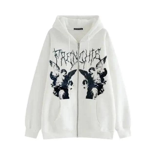 Nouveau Sweat à Capuche Tendance Vintage Hip Hop Streetwear Femme Angel Dark Impression Fermeture Éclair Veste Manteau Haut à Capuche Vêtements Hommes Femmes Punk Vêtement d'extérieur