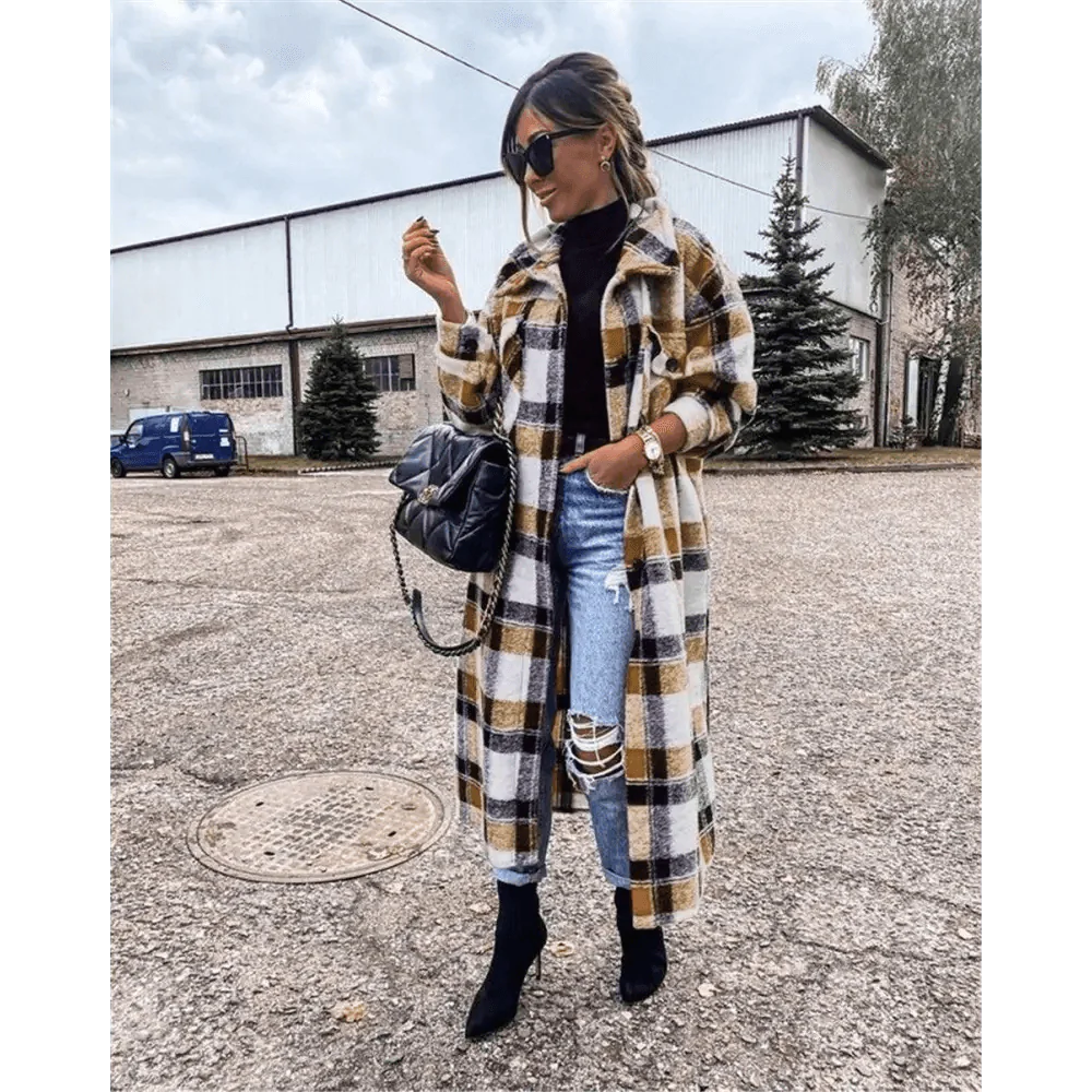 Nouveau Manteau Tendance Femme Automne Hiver Manches Longues Veste à Carreaux Rouges Femme Col Revers Cardigan Simple Boutonnage Manteau Col Rabattu Femme