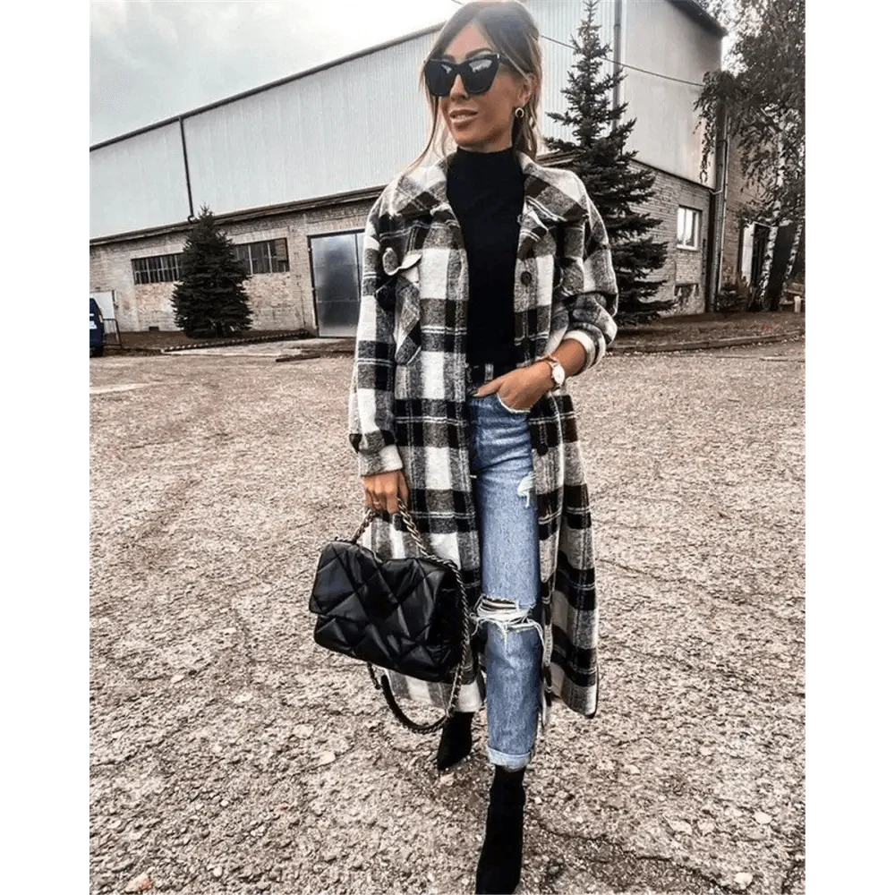 Nouveau Manteau Tendance Femme Automne Hiver Manches Longues Veste à Carreaux Rouges Femme Col Revers Cardigan Simple Boutonnage Manteau Col Rabattu Femme