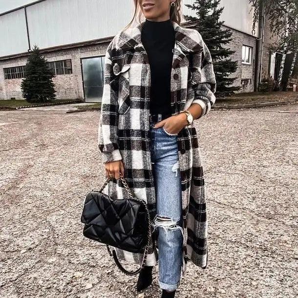 Nouveau Manteau Tendance Femme Automne Hiver Manches Longues Veste à Carreaux Rouges Femme Col Revers Cardigan Simple Boutonnage Manteau Col Rabattu Femme
