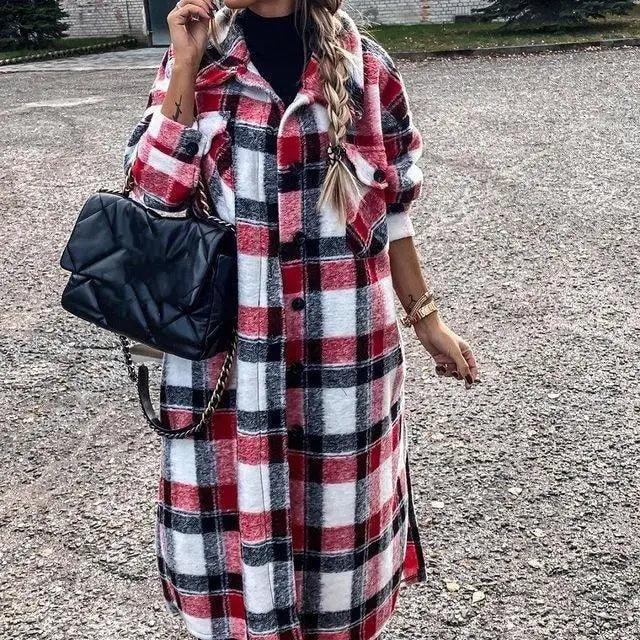 Nouveau Manteau Tendance Femme Automne Hiver Manches Longues Veste à Carreaux Rouges Femme Col Revers Cardigan Simple Boutonnage Manteau Col Rabattu Femme