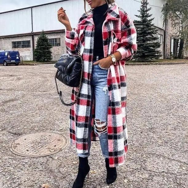 Nouveau Manteau Tendance Femme Automne Hiver Manches Longues Veste à Carreaux Rouges Femme Col Revers Cardigan Simple Boutonnage Manteau Col Rabattu Femme