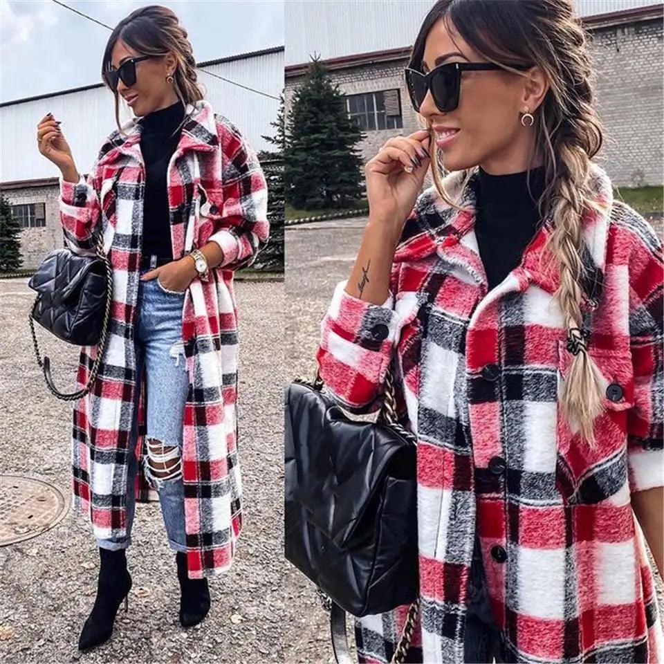 Nouveau Manteau Tendance Femme Automne Hiver Manches Longues Veste à Carreaux Rouges Femme Col Revers Cardigan Simple Boutonnage Manteau Col Rabattu Femme