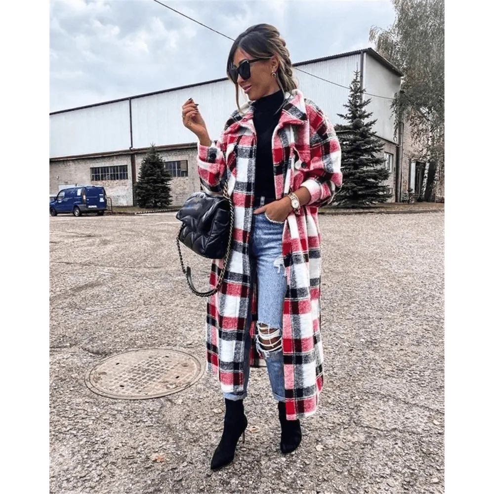 Nouveau Manteau Tendance Femme Automne Hiver Manches Longues Veste à Carreaux Rouges Femme Col Revers Cardigan Simple Boutonnage Manteau Col Rabattu Femme