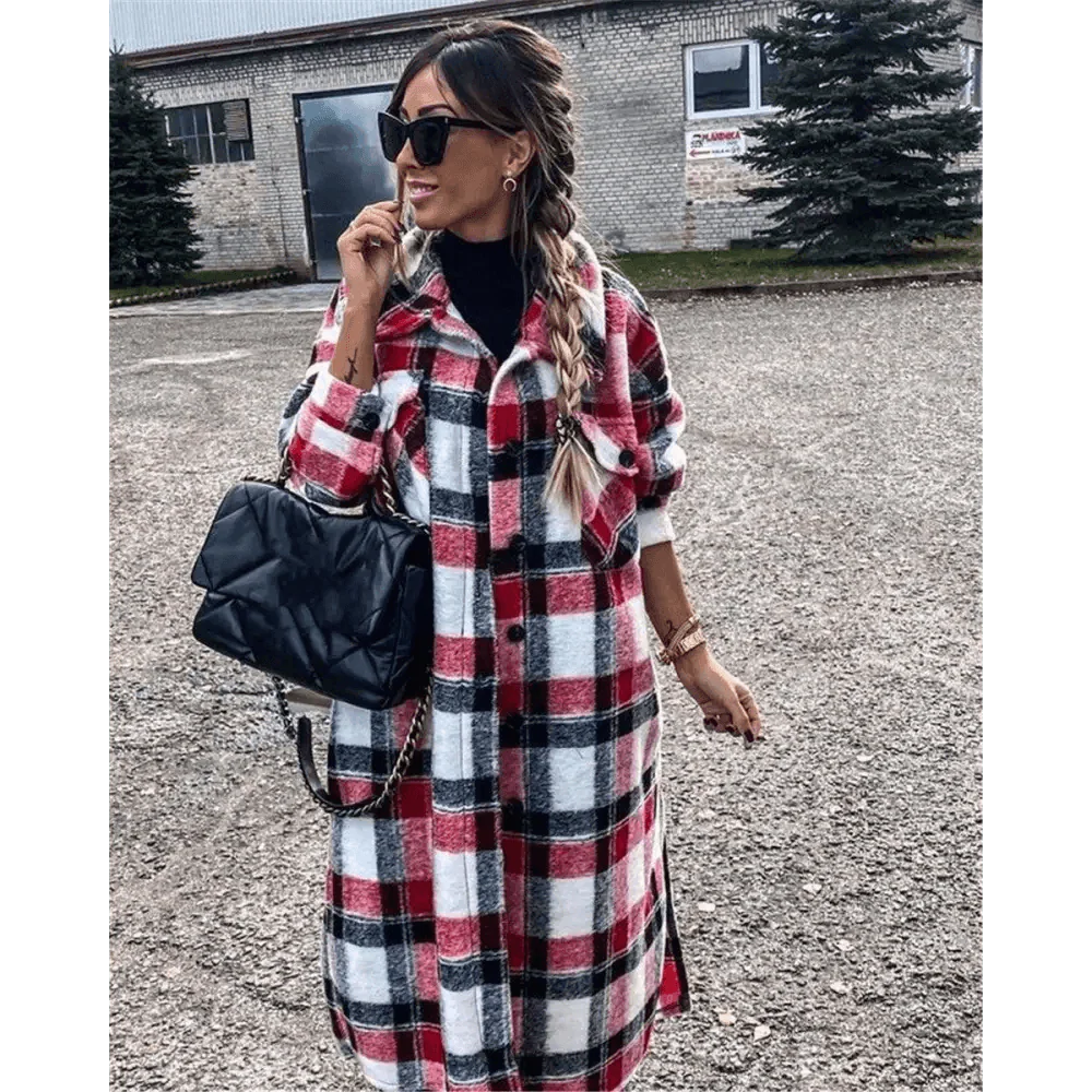 Nouveau Manteau Tendance Femme Automne Hiver Manches Longues Veste à Carreaux Rouges Femme Col Revers Cardigan Simple Boutonnage Manteau Col Rabattu Femme