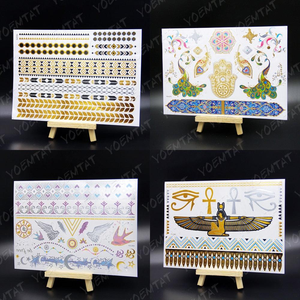 Nouvel Autocollant de Tatouage Temporaire Imperméable Doré Argenté Fleur Bijoux Flash Mode Différents Modèles Tatouages Pour Femmes